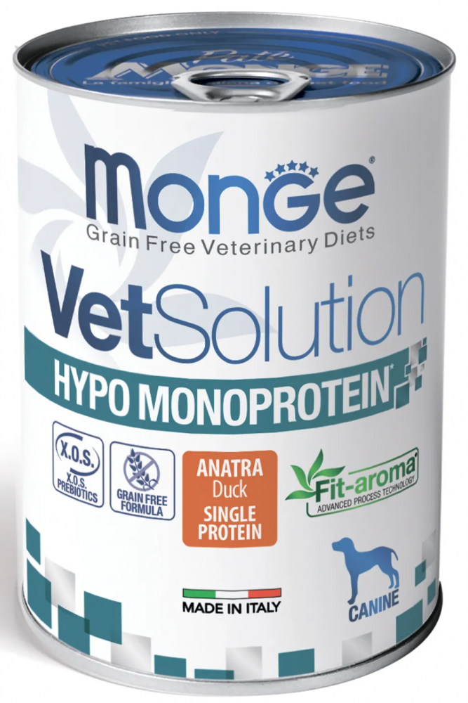 Диетический корм Monge VetSolution Dog Hypo Monoprotein DUCK Гипо монопротеин с уткой для собак для снижения реакции пищевой непереносимости 400 г