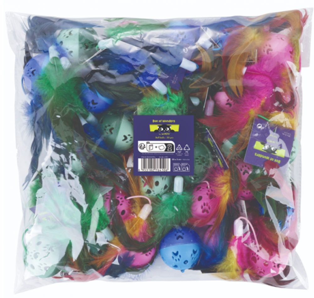 Игрушка для кошек мяч с бубенчиком и перьями 5 см (пакет 30 шт) Mpets