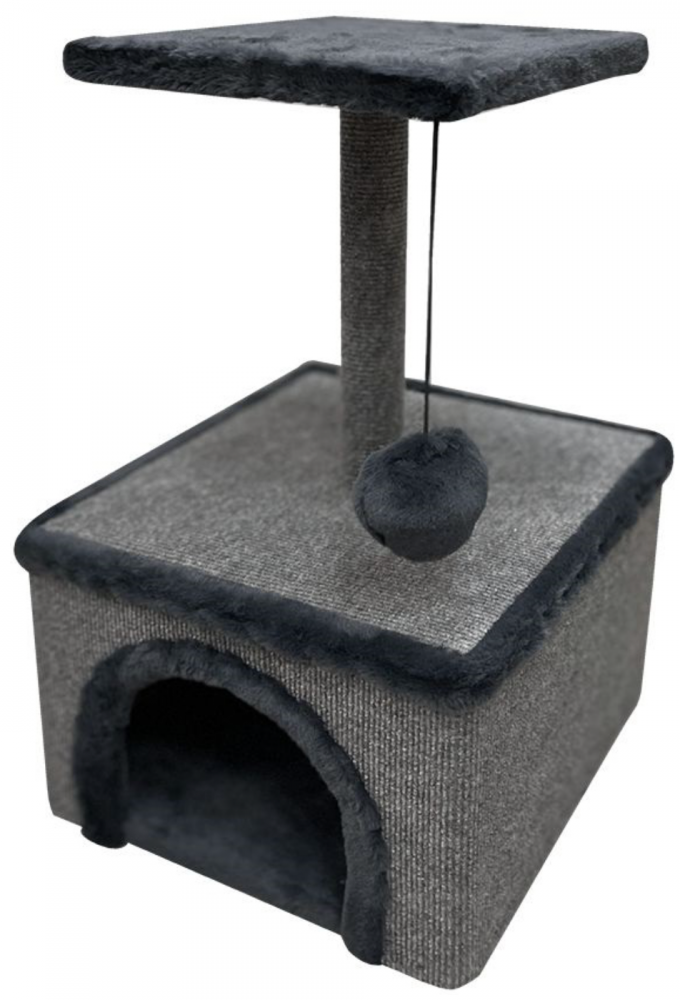 Зооник Дом-когтеточка для кошек, с полкой, искусственный мех, ковролин Экспо, джут, серый, 32х32х54.5 см