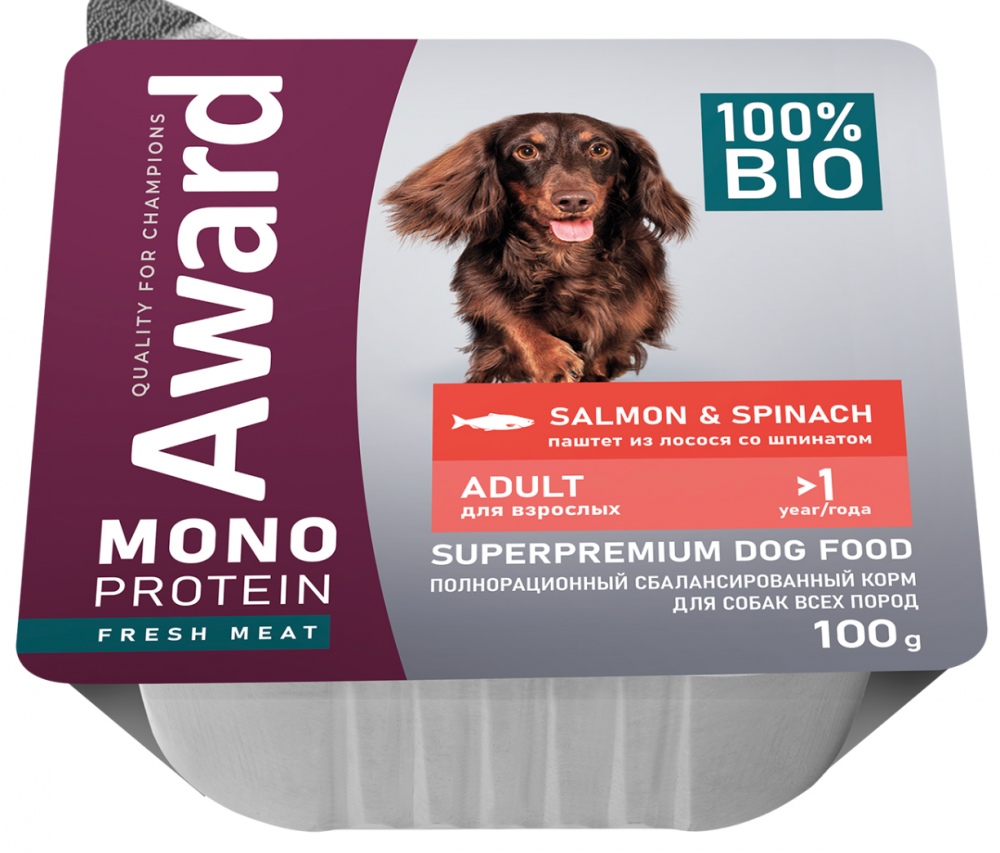 Влажный корм AWARD Monoprotein для взрослых собак паштет из лосося со шпинатом 100 г