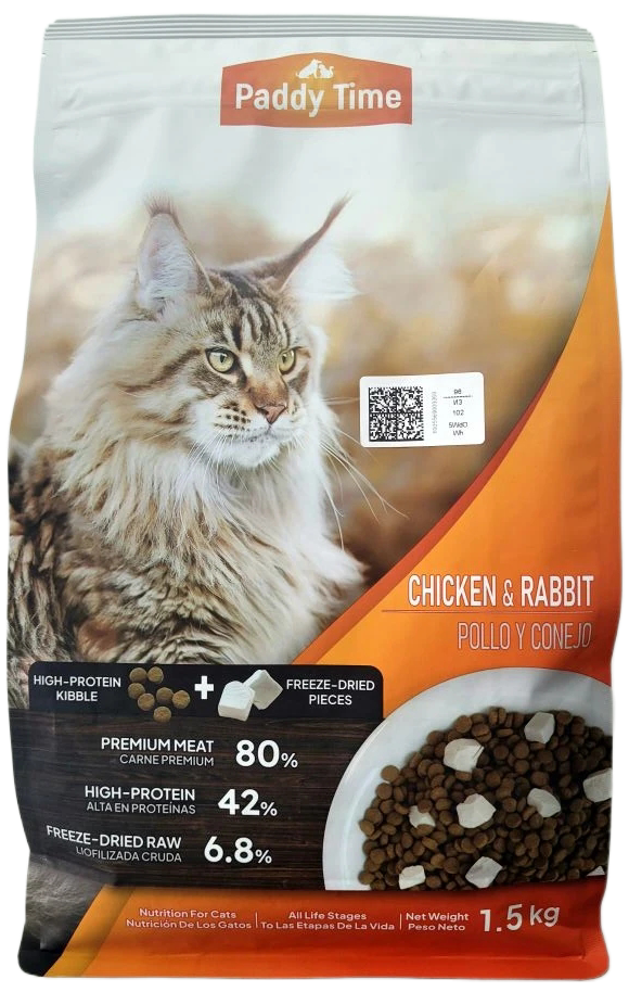 Корм Paddy Time беззерновой: 2 вида гранул- Кролик с сублимированным мясом курицы для кошек 1,5 кг