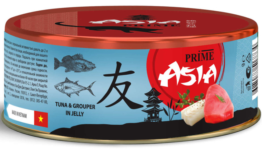 Корм Prime Asia Tuna &amp; Grouper (в желе) для кошек, с тунцом и рабой групер, 85 г