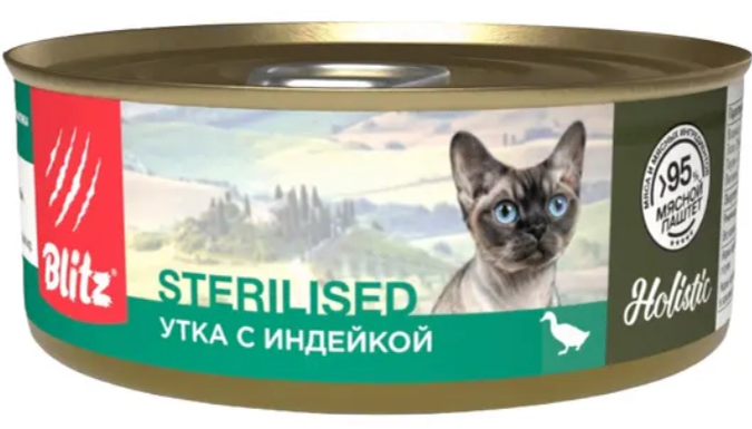 Консервы Blitz СТЕРИЛ для кошек утка индейка ПАШТЕТ 100 г