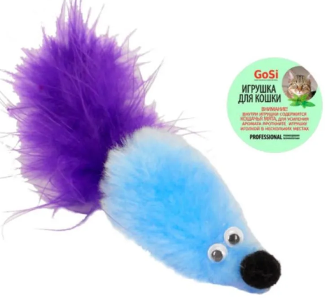 sh-07141 GoSi Игрушка для Кошек "Мышь с кошачьей мятой, хвост перо пышное" голубая