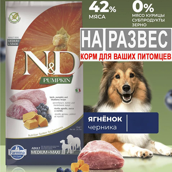 Корм Фармина РАЗВЕС БЕЗЗЕРНОВ Медиум и Макси ягненок, тыква, черника для собак 1 кг