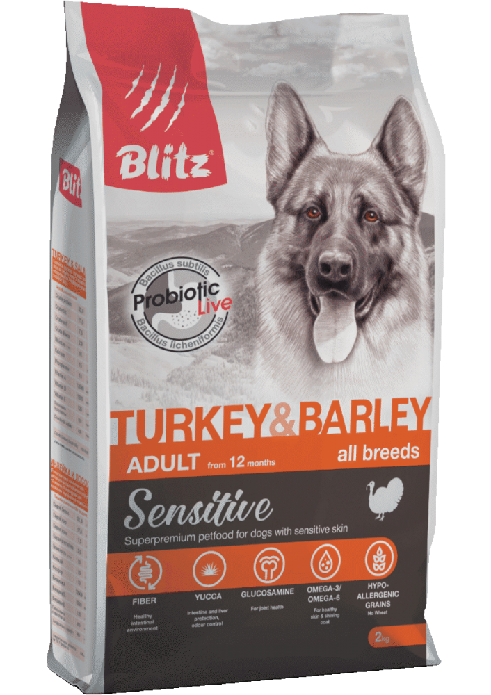 Корм Blitz Sensitive Turkey & Barley для собак, с индейкой и ячменем