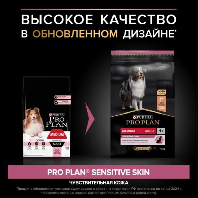 Корм PRO PLAN для собак средних пород с чувствительной кожей с комплексом Optiderma лосось c рисом