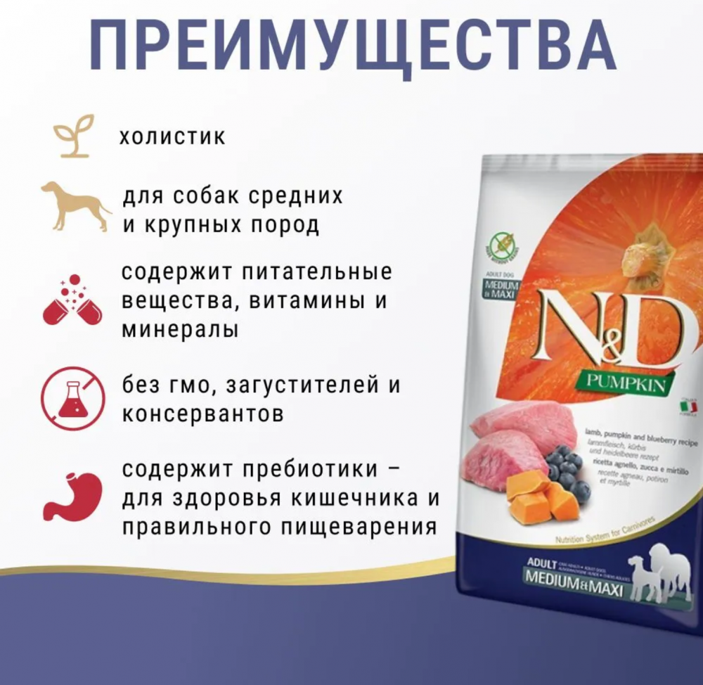 Корм Farmina N&amp;D Dog  (Беззерновой) для собак средних и крупных пород, ягненок, черника, тыква 2,5 кг