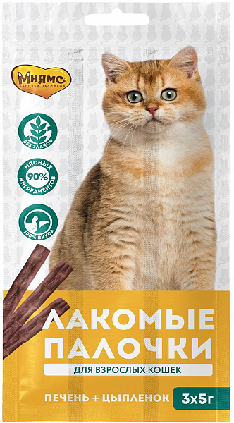 Лакомство для кошек Мнямс лакомые палочки с цыпленком и печень 5г 3шт