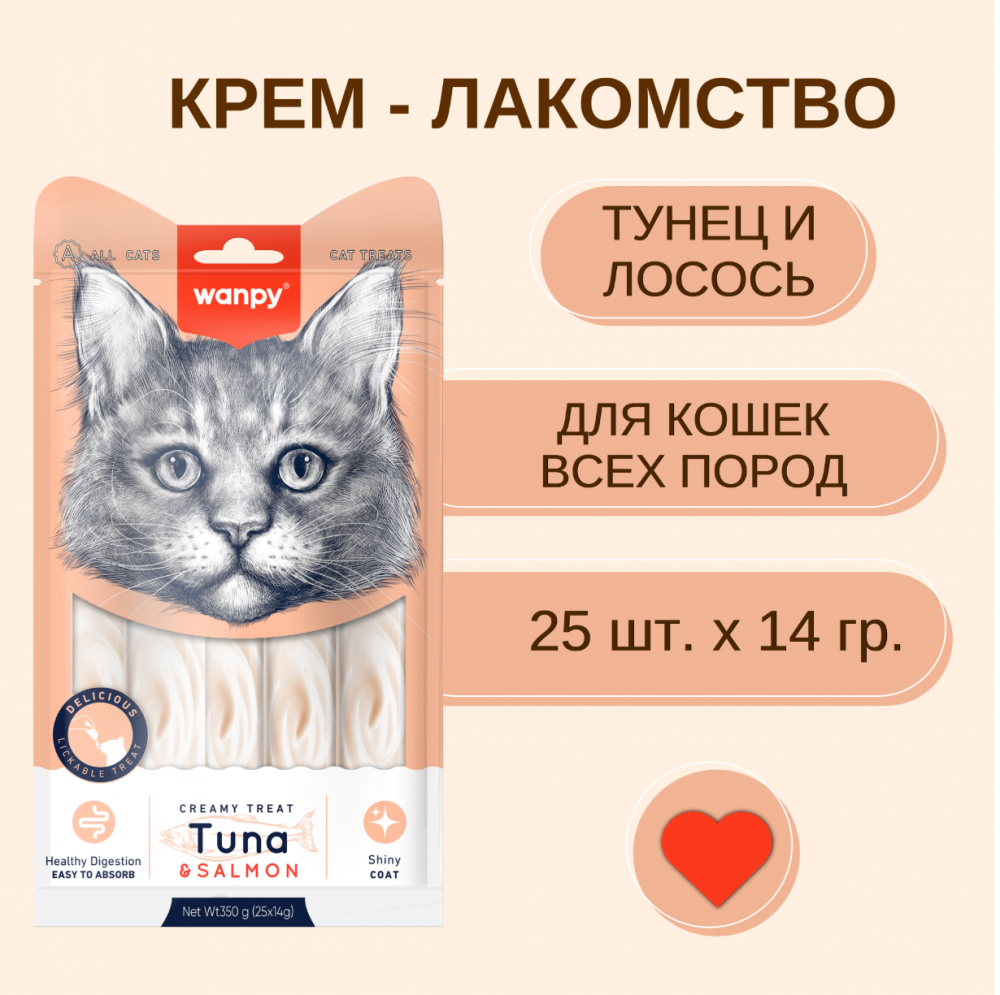 Wanpy Cat Лакомство для кошек &quot;нежное пюре&quot; из тунца и лосося 25 шт х14 г