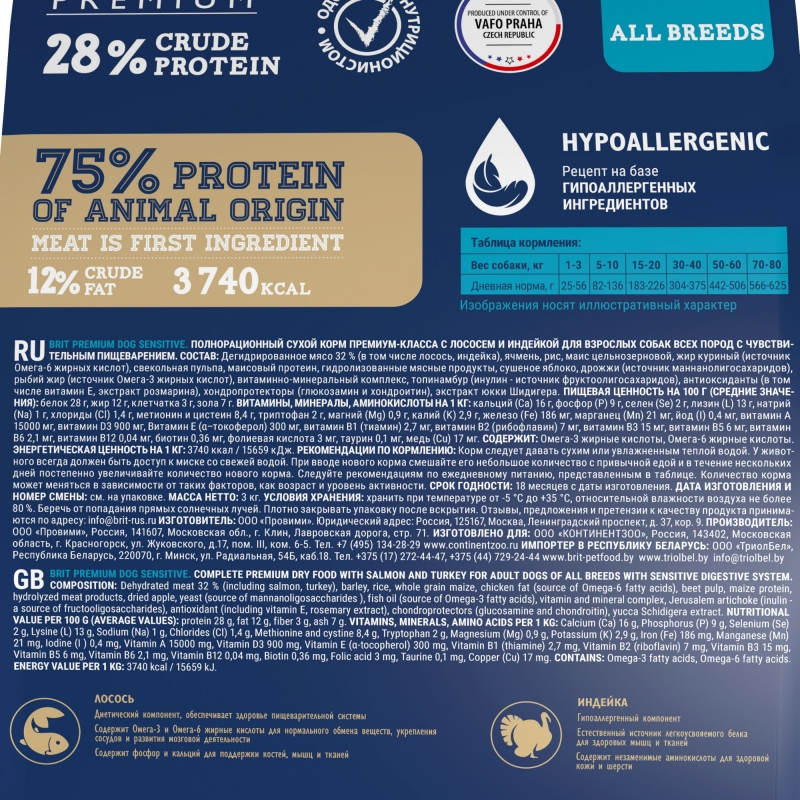Корм Brit Premium Sensitive для собак с чувствительным пищеварением, с лососем и индейкой, 15 кг