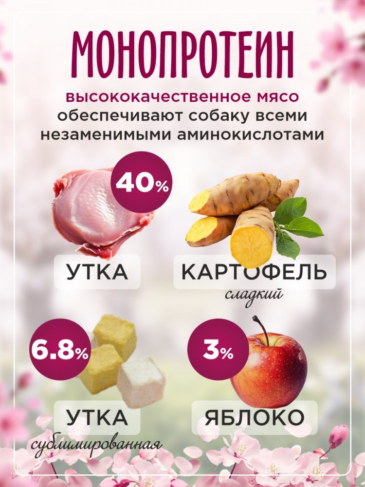 Корм Paddy Time беззерновой: 2 вида гранул- Утка с яблоком с сублимированным мясом утки для собак 2 кг